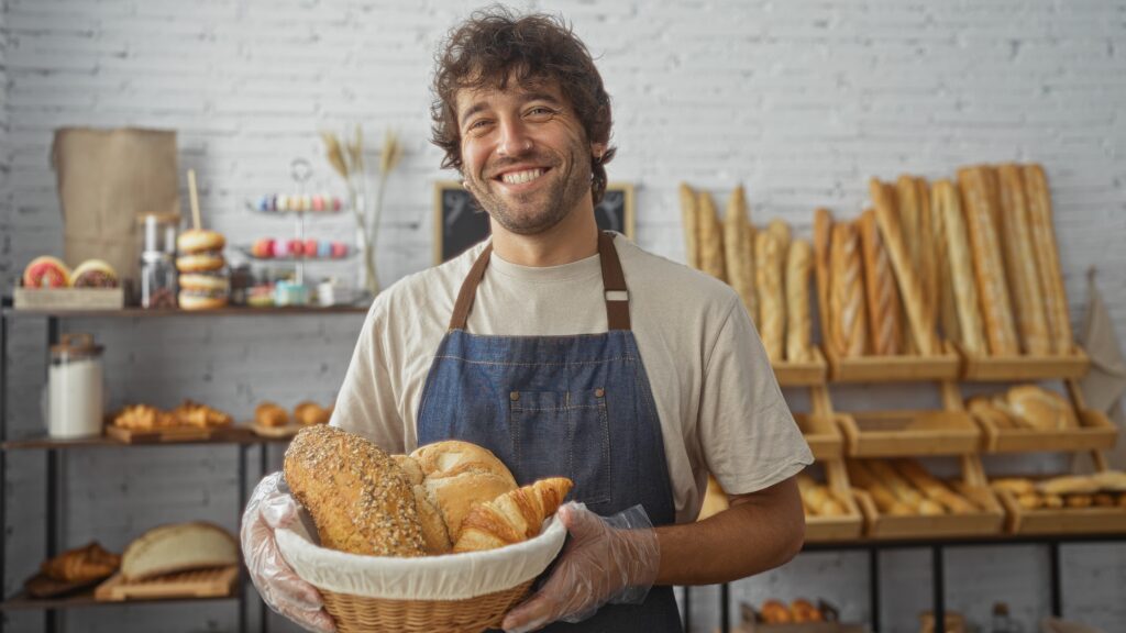 Caucasian man smiling with bread from his bakery he opened 